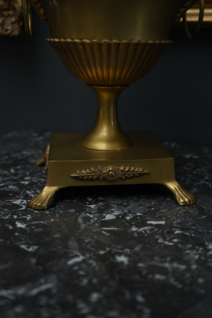 Antique Neoclassical Brass Urn with Lid and Laurel Motifs – Late 19th Century Decorative Mantel Piece