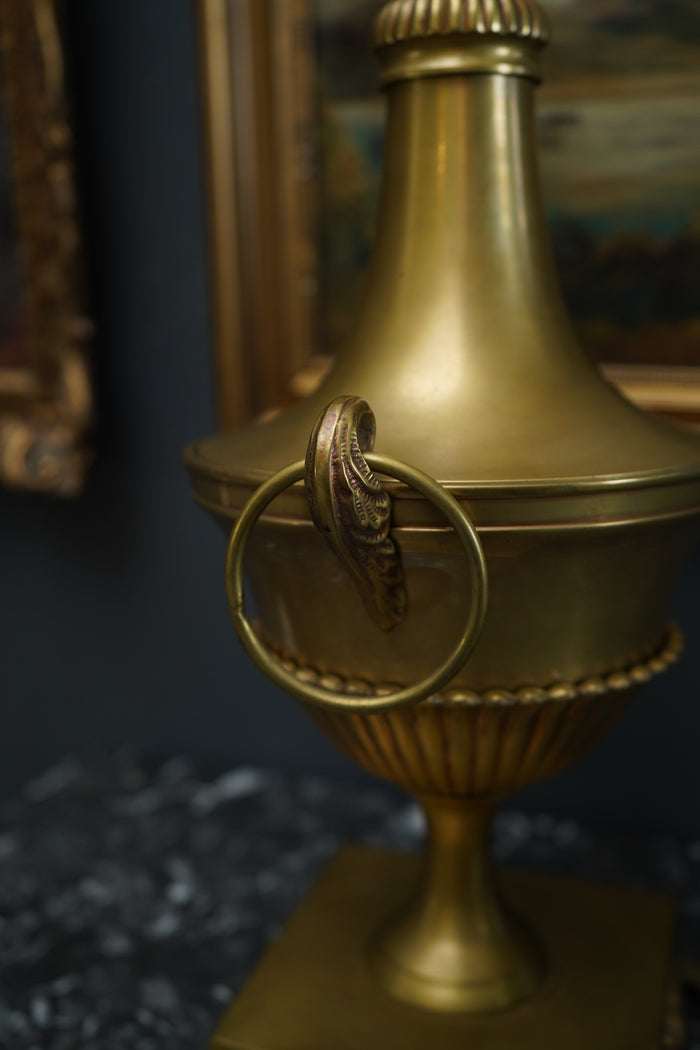Antique Neoclassical Brass Urn with Lid and Laurel Motifs – Late 19th Century Decorative Mantel Piece