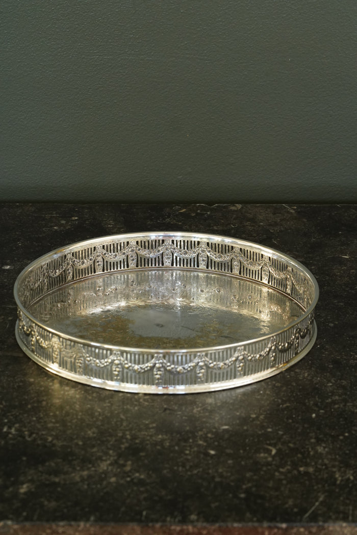 Antique Round English Silverplate Gallery Tray, Chased, Sheffield