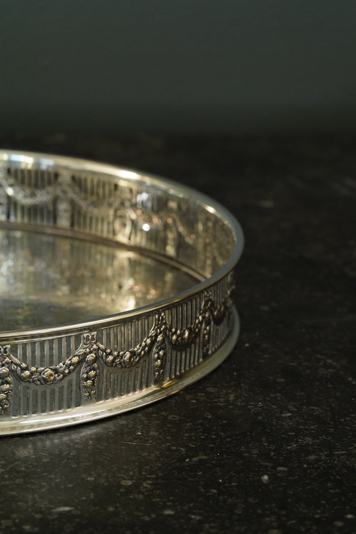 Antique Round English Silverplate Gallery Tray, Chased, Sheffield