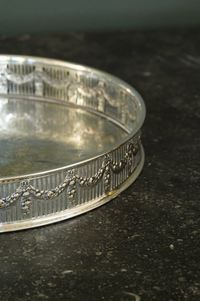 Antique Round English Silverplate Gallery Tray, Chased, Sheffield