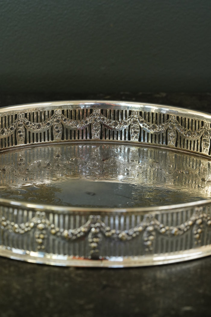 Antique Round English Silverplate Gallery Tray, Chased, Sheffield