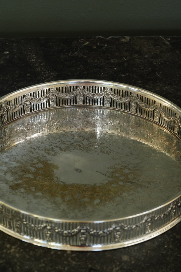 Antique Round English Silverplate Gallery Tray, Chased, Sheffield
