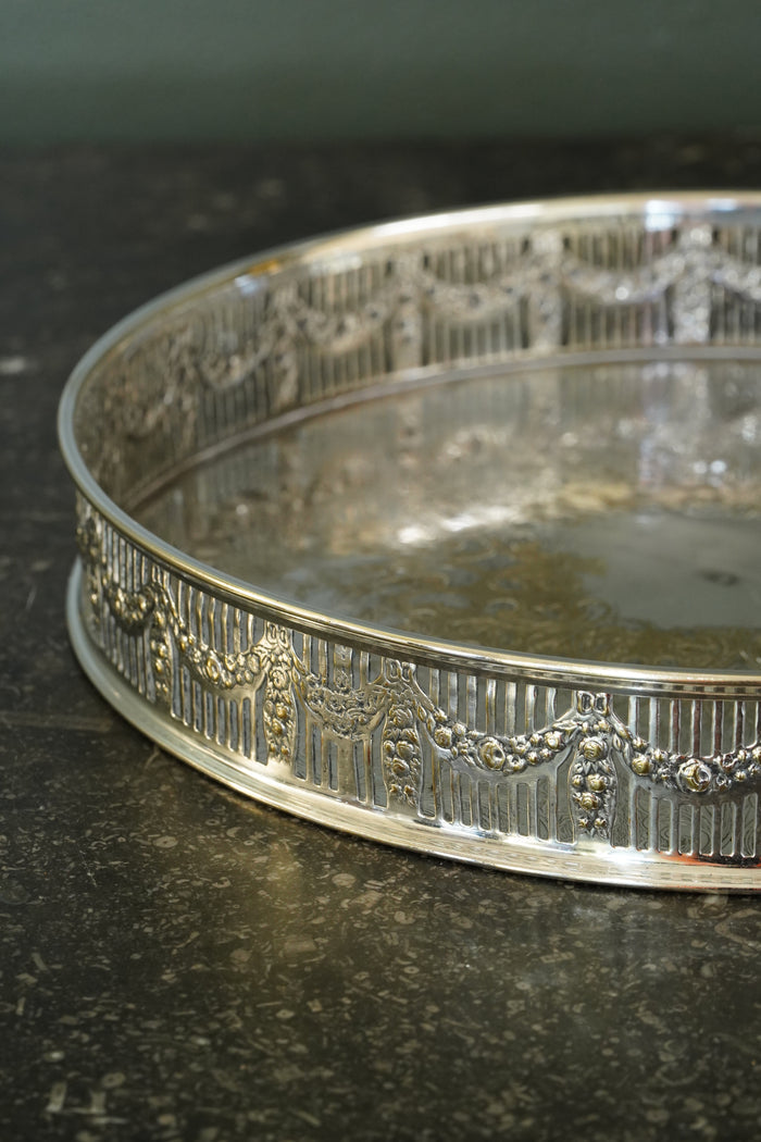 Antique Round English Silverplate Gallery Tray, Chased, Sheffield