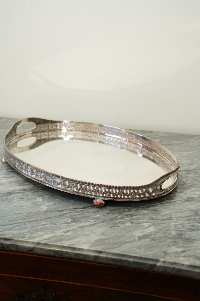 Antique Silver Plate Gallery Tray, Oval Serving Tray