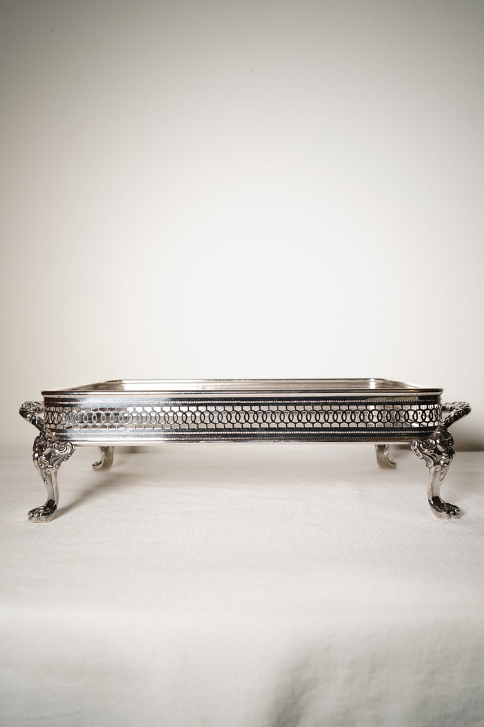 Antique Silver Plated Casserole Dish Holder Stand with Pierced Gallery