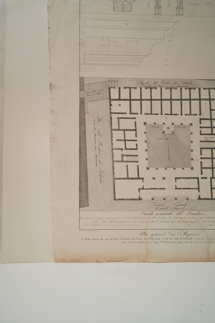 Antique Venetian Architectural Engraving, Fondaco dei Tedeschi Plan, Dionisio Moretti