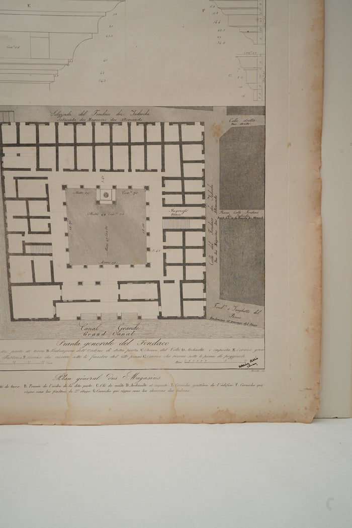 Antique Venetian Architectural Engraving, Fondaco dei Tedeschi Plan, Dionisio Moretti