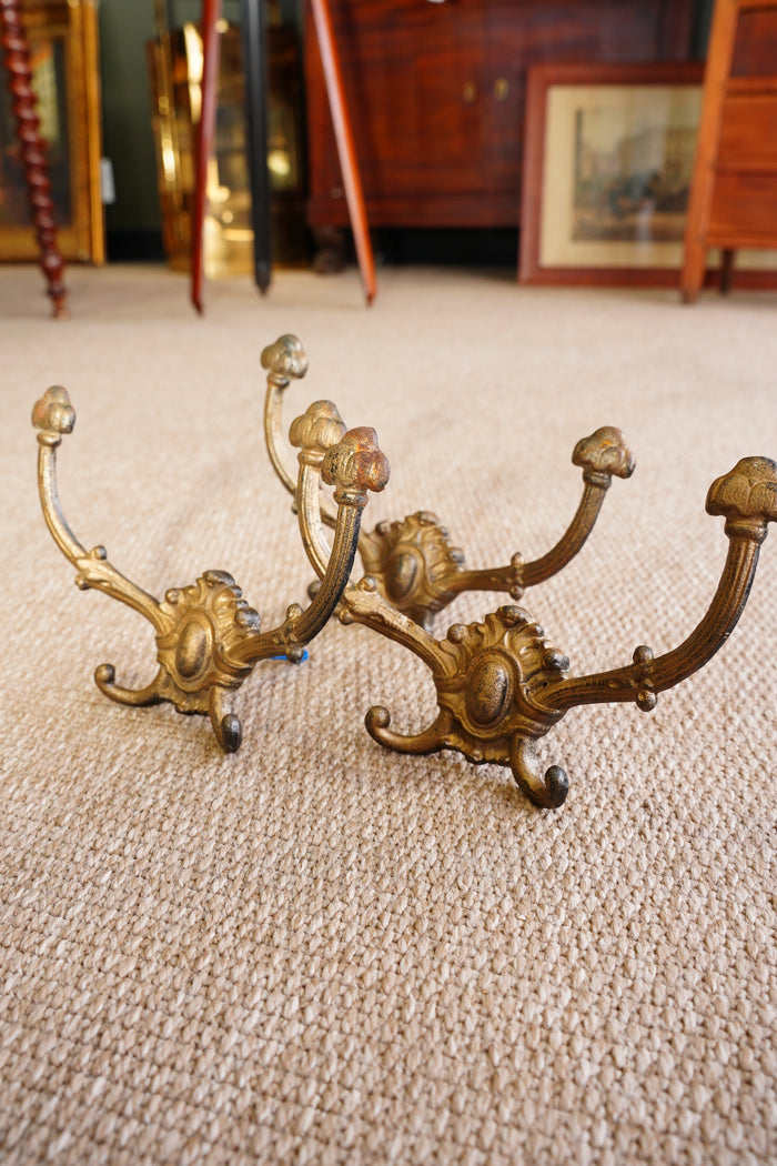 Antique Victorian Cast Brass Wall Hooks, Set of Three, Circa 1890