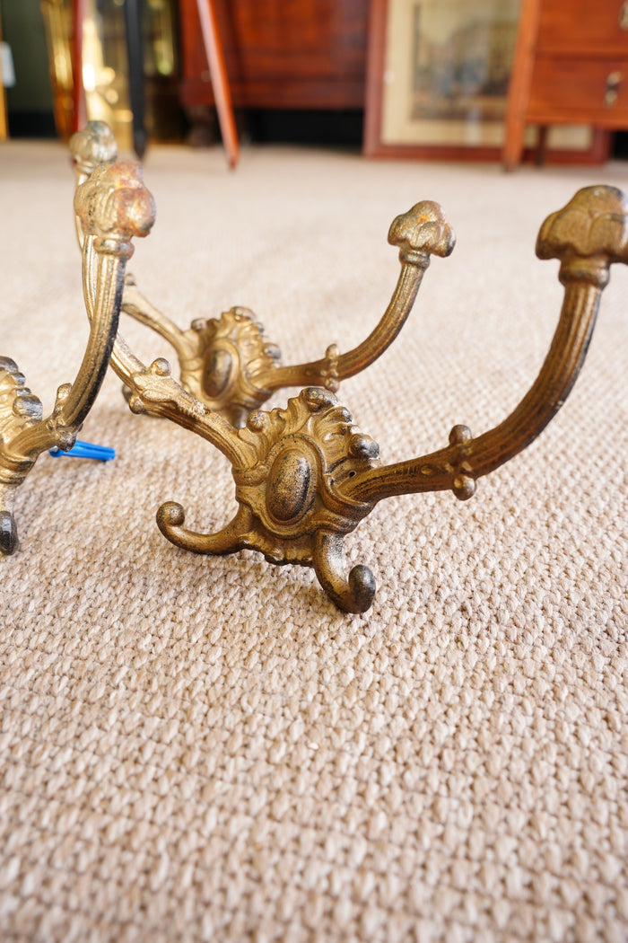 Antique Victorian Cast Brass Wall Hooks, Set of Three, Circa 1890