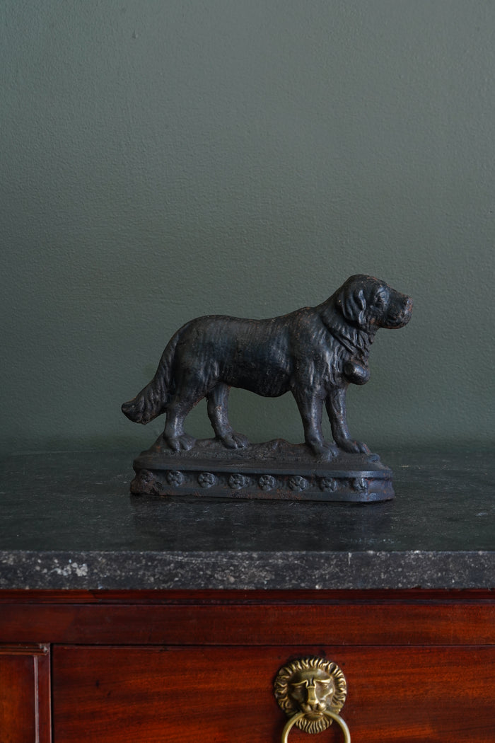 Antique Victorian Cast Iron Saint Bernard Doorstop with Rescue Barrel