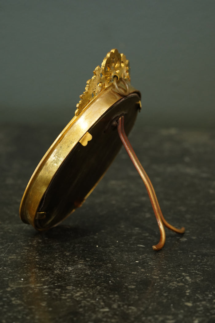 Antique Victorian Gilt Brass Miniature Oval Frame with Bow Crest
