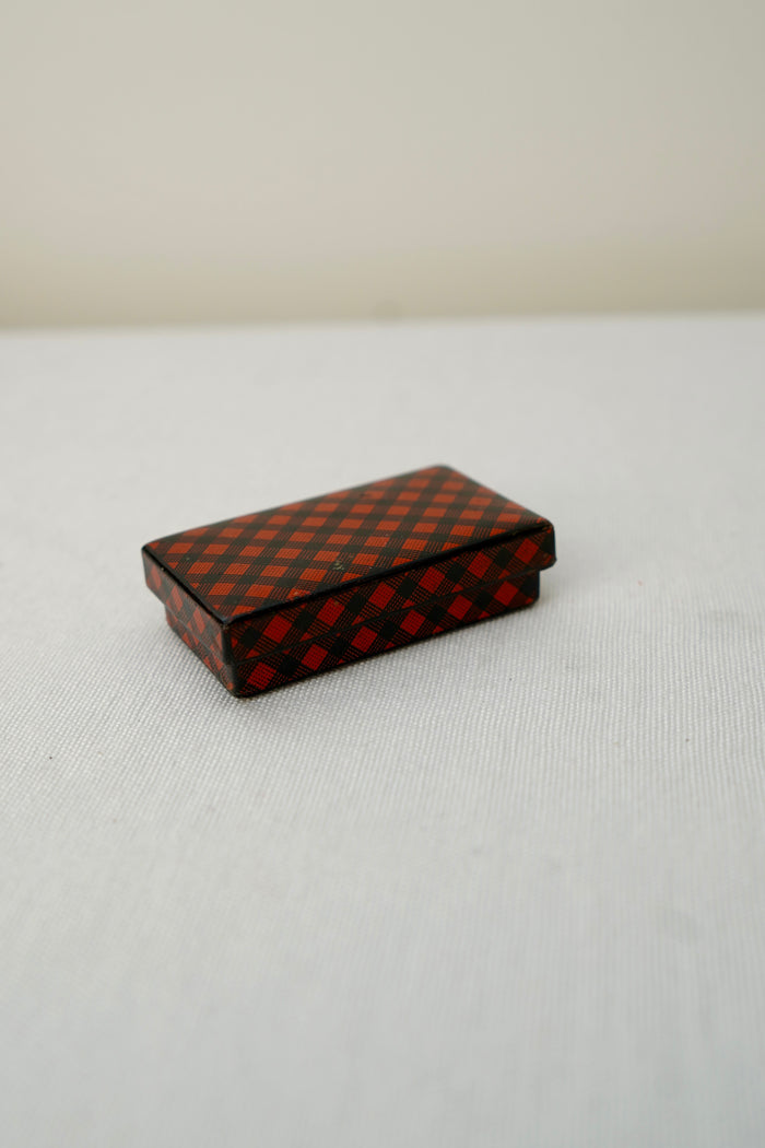 Antique Victorian Scottish Tartanware Box, Painted Red and Black Tartan, c. 1860–1890