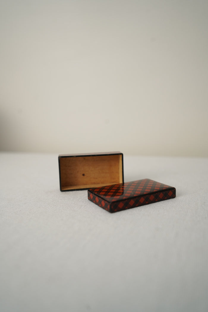 Antique Victorian Scottish Tartanware Box, Painted Red and Black Tartan, c. 1860–1890