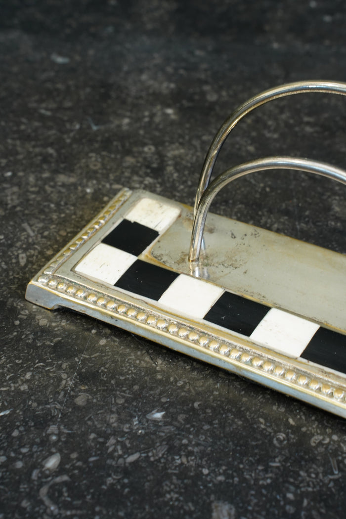 Art Deco Silver Plate Letter Rack with Checkerboard Enamel