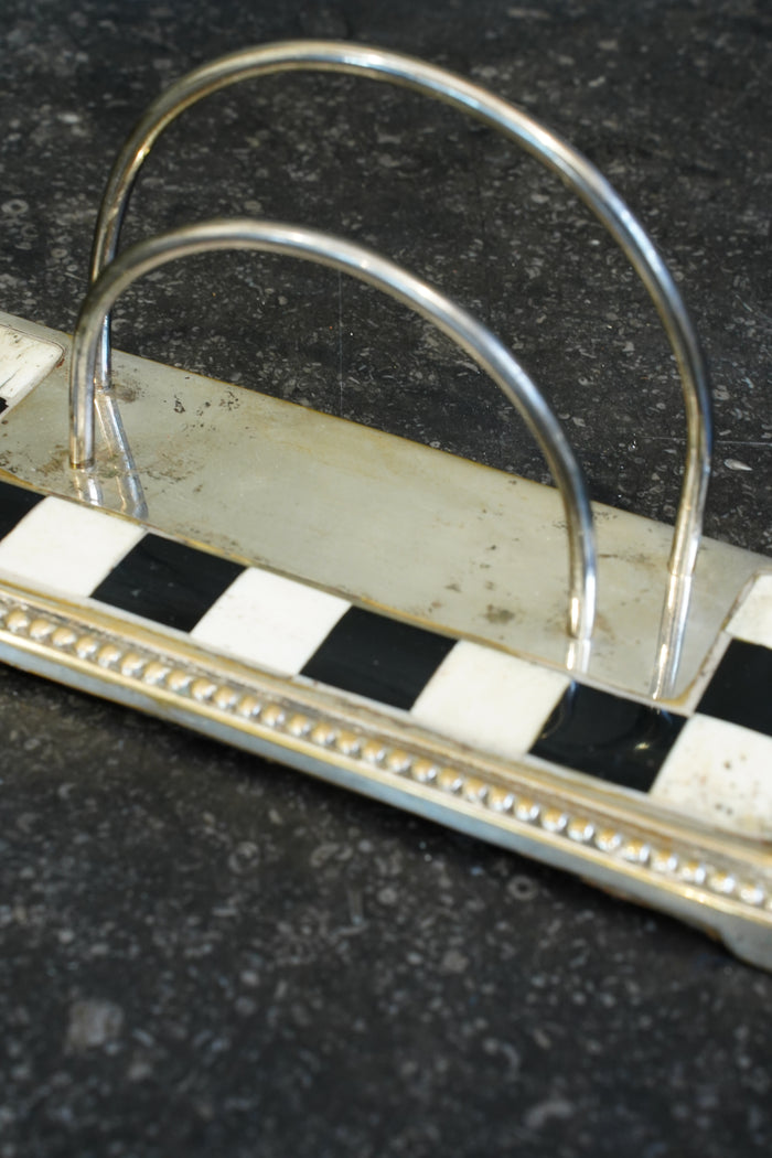 Art Deco Silver Plate Letter Rack with Checkerboard Enamel