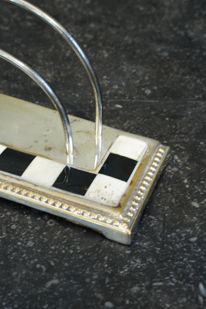 Art Deco Silver Plate Letter Rack with Checkerboard Enamel