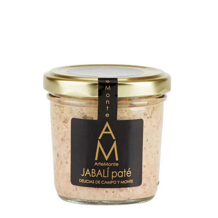 A 100g jar of Artemonte Spanish Wild Boar Pate with a black and gold label, pictured on a white background