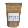 Somerset Foodie Belgian 55% Dark Chocolate Drops in a brown paper pouch on a white background.