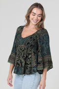 Bell Sleeve Blouse ~ Green & Black Print