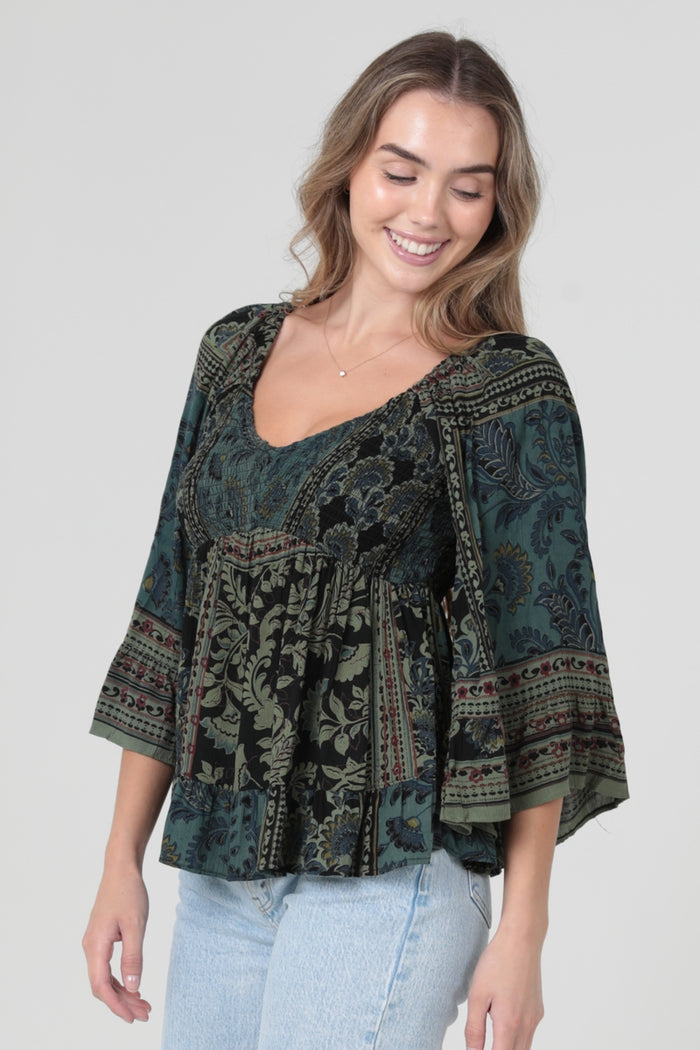 Bell Sleeve Blouse ~ Green & Black Print
