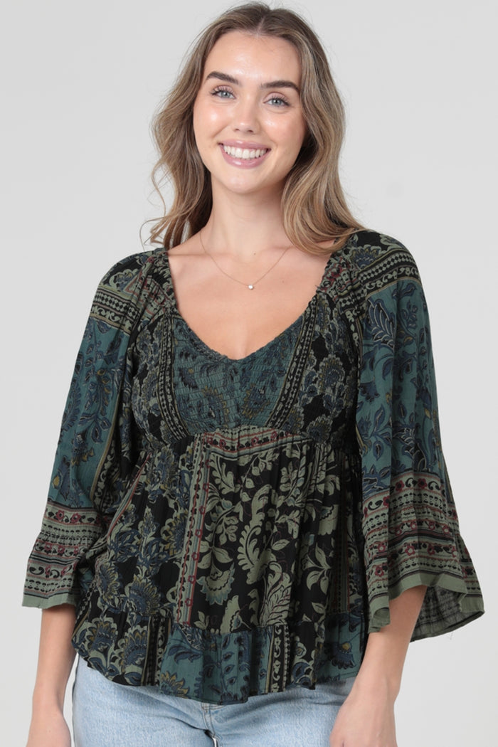 Bell Sleeve Blouse ~ Green & Black Print