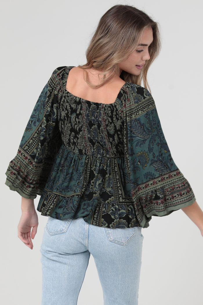 Bell Sleeve Blouse ~ Green & Black Print