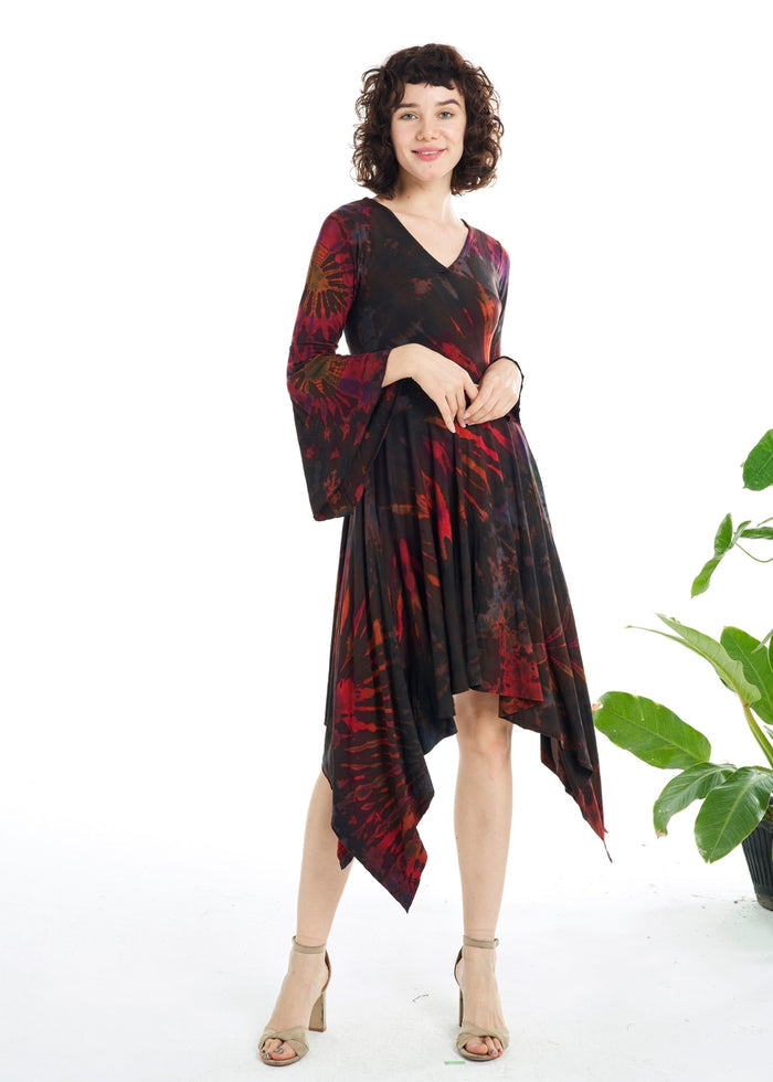 Bell Sleeve Dress ~ Hankie Hem ~ Brown Tie-dye