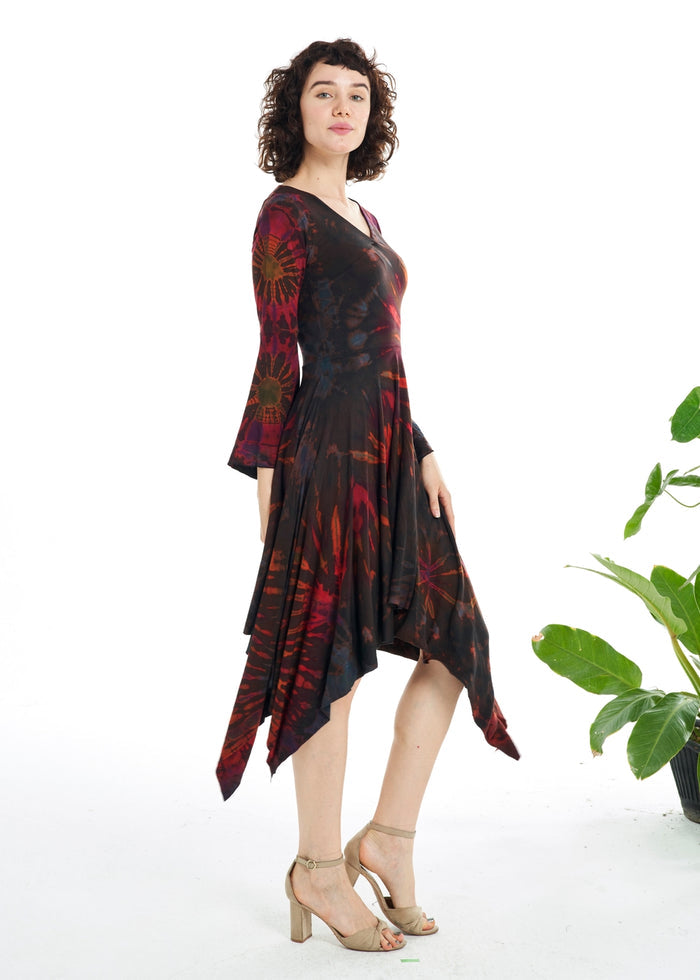 Bell Sleeve Dress ~ Hankie Hem ~ Brown Tie-dye