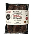 Packaged Bienastur Asturian morcilla sausage, three pieces visible through the transparent section of the black wrapping, with product information and branding visible on the label.