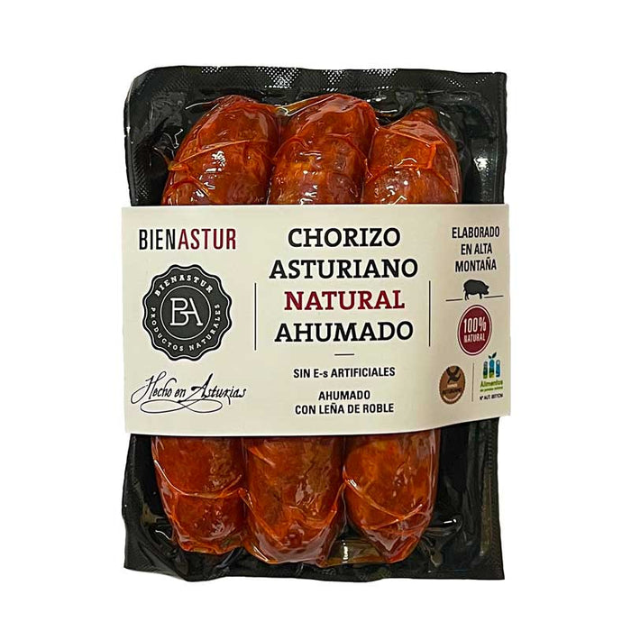 A pack of 3 Artisan Spanish Naturally Smoked Chorizo Sausages made by Bienastur in Asturias.