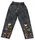 Black High-Rise Pants with Flower Embroidery