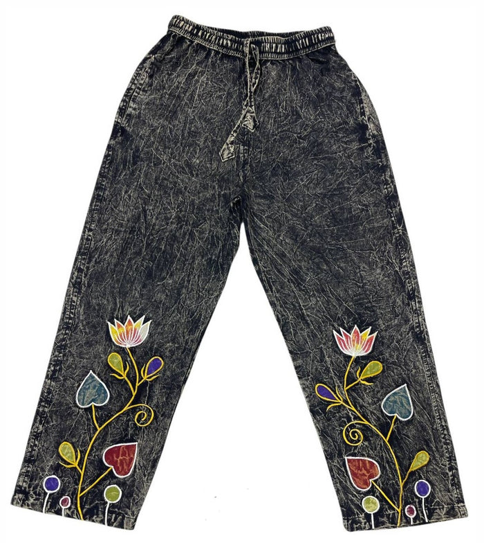 Black High-Rise Pants with Flower Embroidery