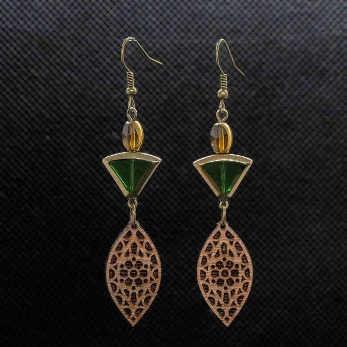Brass ~ Glass ~ Wood Earrings ~ Green