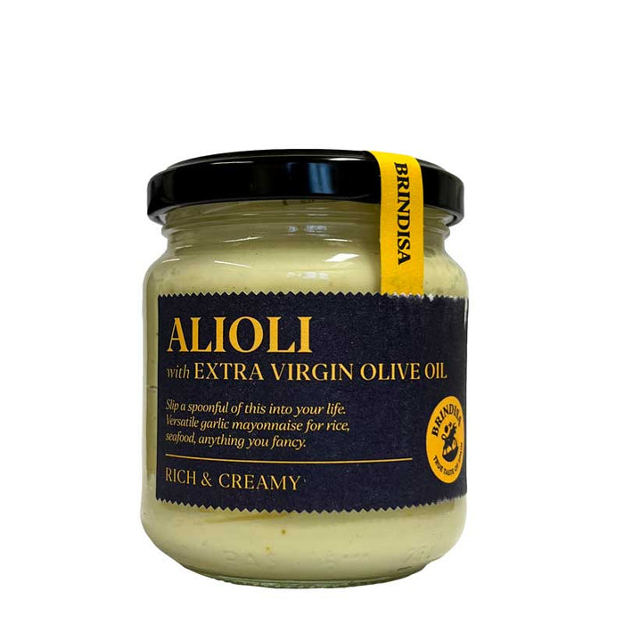 A 170g jar of Brindisa Spanish Alioli with Extra Virgin Olive Oil with a black label and yellow text