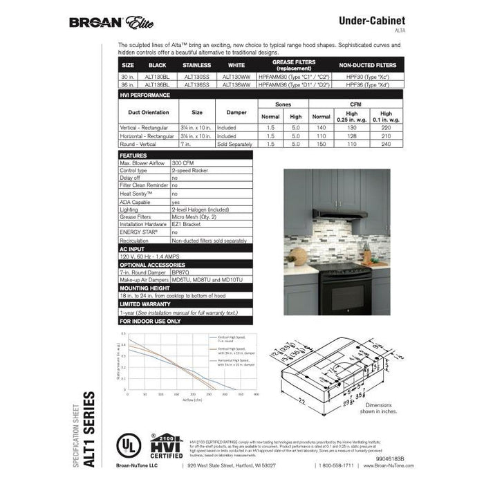 Broan-NuTone, LLC Broan Elite Alta I Series 30 In. Convertible Under-Cabinet Range Hood In White (ALT130WW)