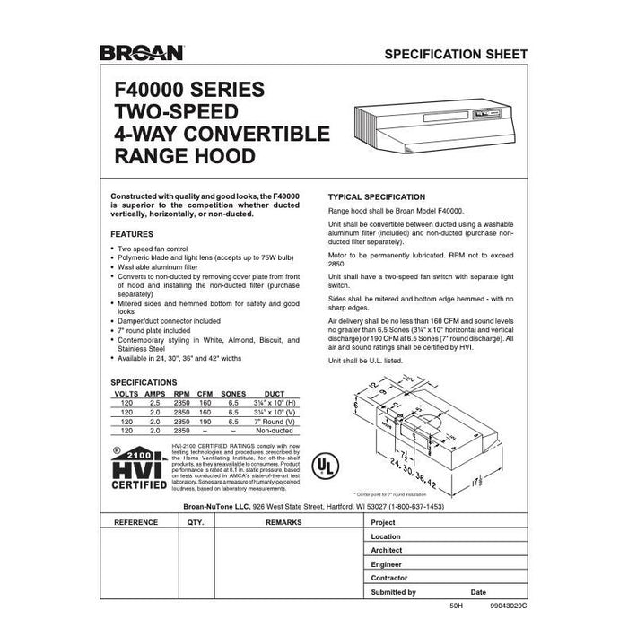 Broan F40000 Series 36 In. Two-Speed 4-Way Convertible Under Cabinet Range Hood In Stainless Steel (F403604)