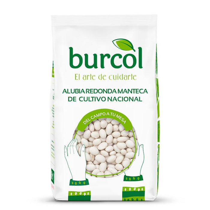 A 1kg bag of Burcol dry round white manteca beans with green and white branding on a white background.