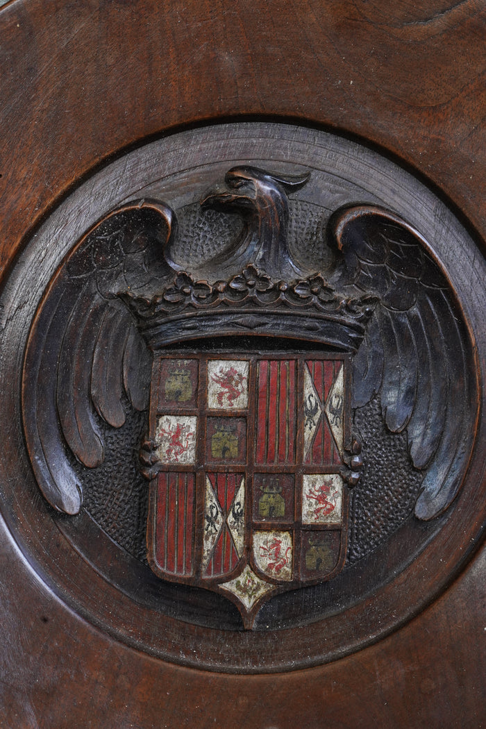 Carved Walnut Spanish Armorial Charger, Arms of the Catholic Monarchs, c. 1930