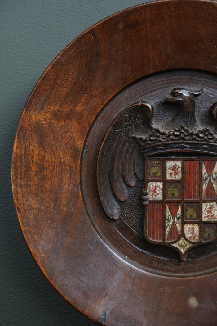 Carved Walnut Spanish Armorial Charger, Arms of the Catholic Monarchs, c. 1930