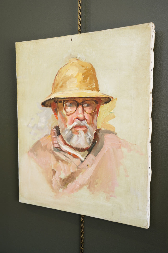 Contemporary Oil Portrait Painting, Man in Safari Hat, Unsigned
