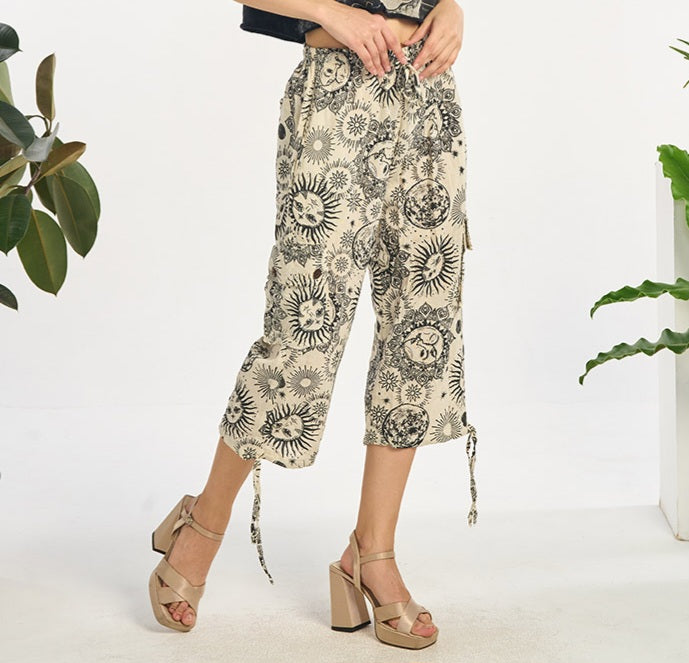 Cotton Sun & Moon Capri Pants ~ White & Black