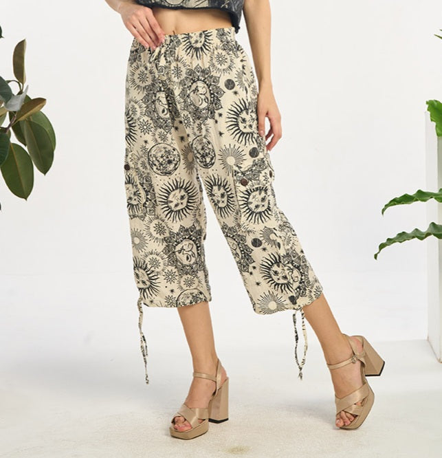 Cotton Sun & Moon Capri Pants ~ White & Black