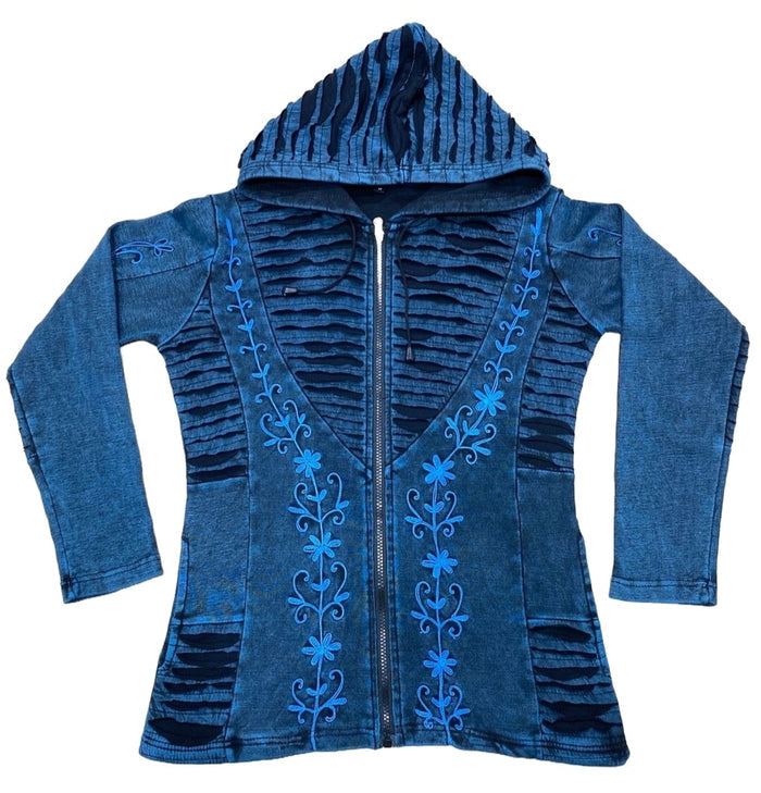 Cotton Zipper Embroided Hoodie ~ Blue