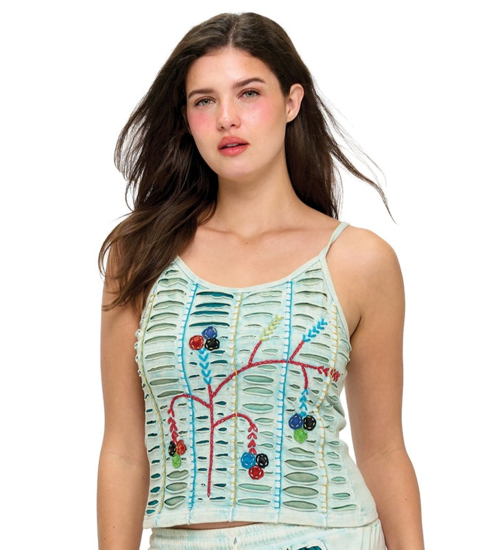 Cut-Work & Embroidered Tank Top ~ Mint