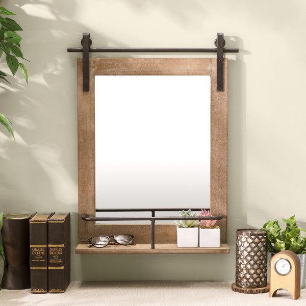 Danya B 24 in. Rustic Wood-Framed Wall Mount Vanity Mirror with Shelf and Iron Hardware (FHB5388) main image.
