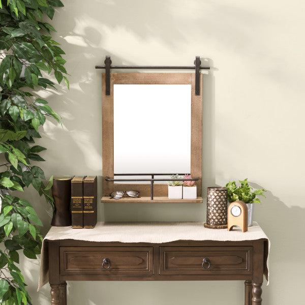 Danya B 24" Rustic Wood-Framed Wall Mount Vanity Mirror with Shelf and Iron Hardware (FHB5388)