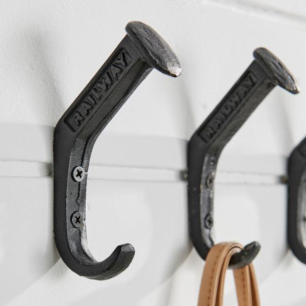 Danya B Black Cast Iron Railway Spike Wall Mount Hook close up.