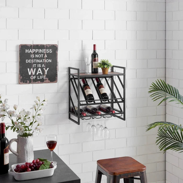 Danya B Industrial Wall Mount Metal Wine Rack with Shelf and Stemware Rack