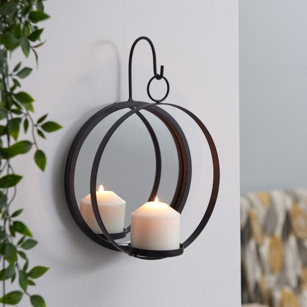 Danya B Round Wrought Iron Pillar Candle Sconce with Mirror (SE1994) main image.